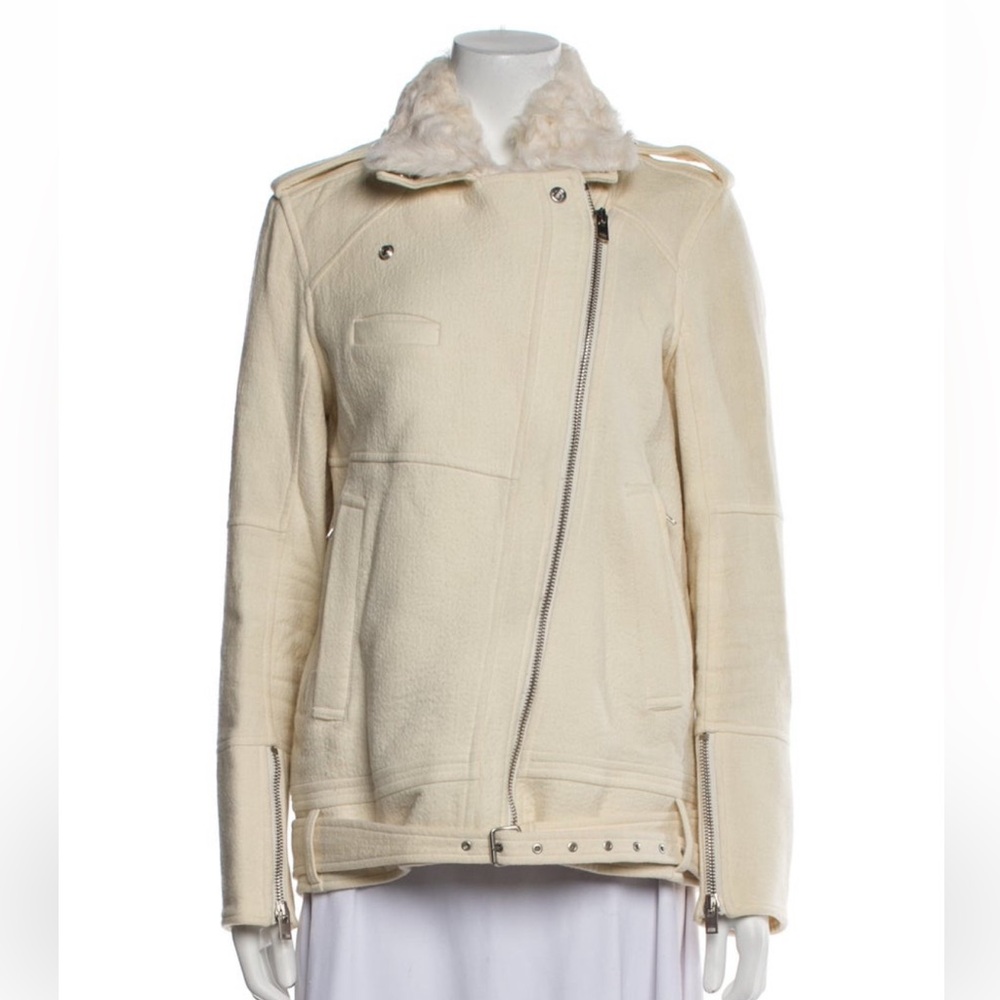 IRO CIDJI cream wool Biker jacket with removable shearling collar US8/FR40
